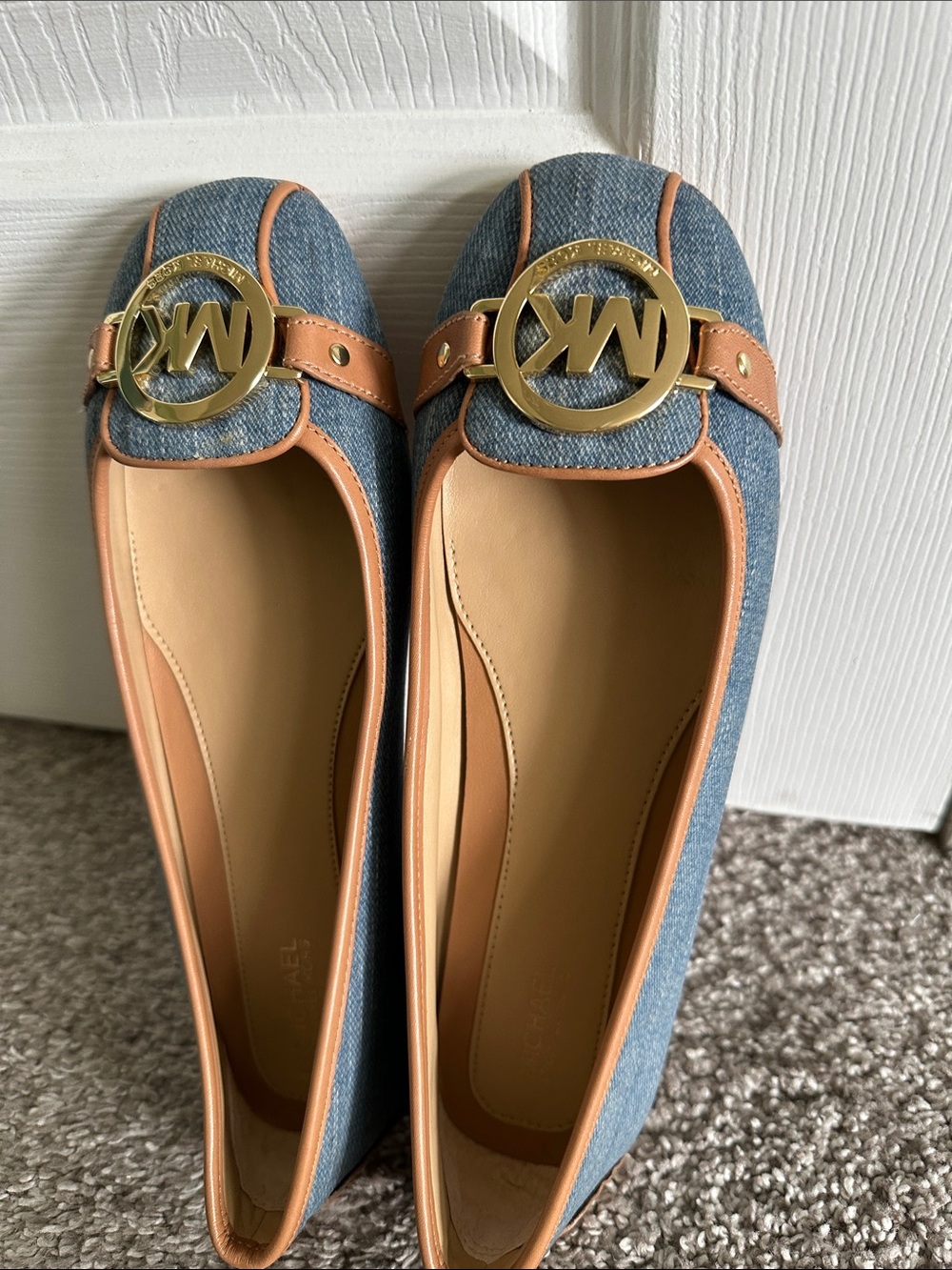 Michael Kors Denim Ballet Flats with Tan Trim and Gold MK Medallion